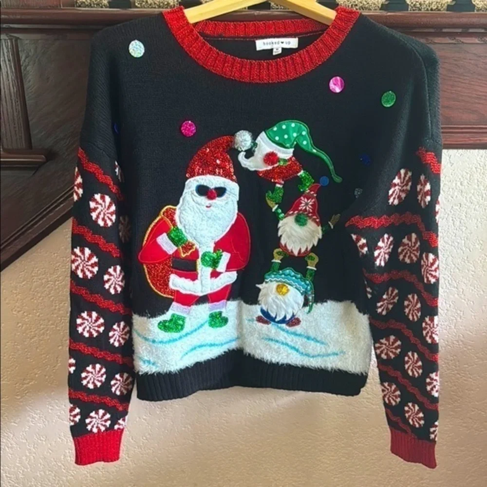 Festive Christmas Sweater with Santa and Elves Womens Size Medium Glam Xmas Top